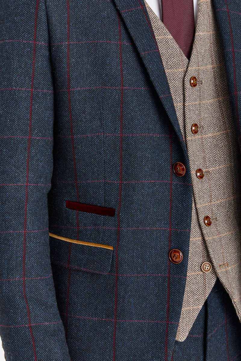 Abito blu navy Madrid con gilet in tweed marrone Harris a contrasto