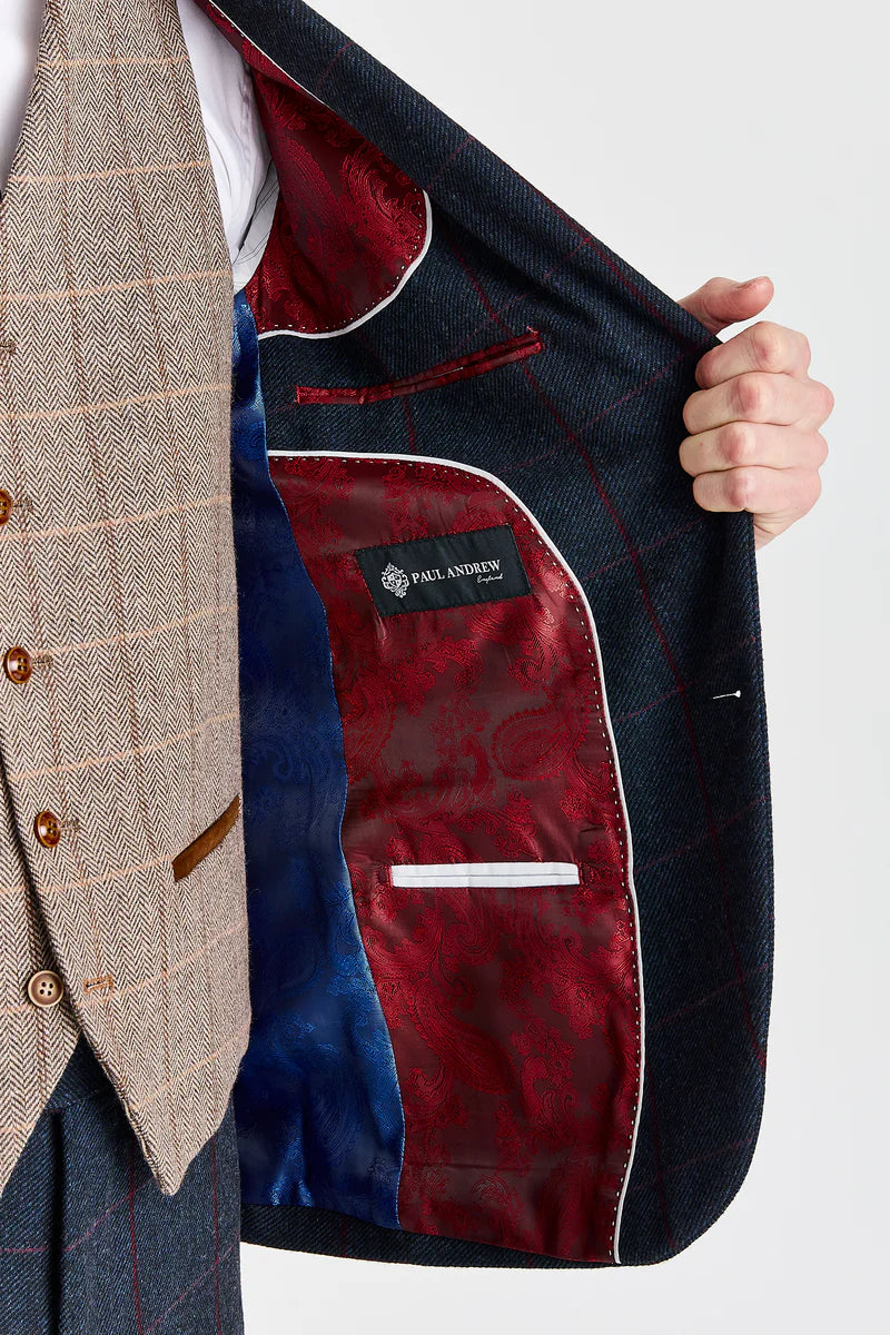 Abito blu navy Madrid con gilet in tweed marrone Harris a contrasto
