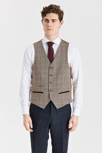 Abito blu navy Madrid con gilet in tweed marrone Harris a contrasto