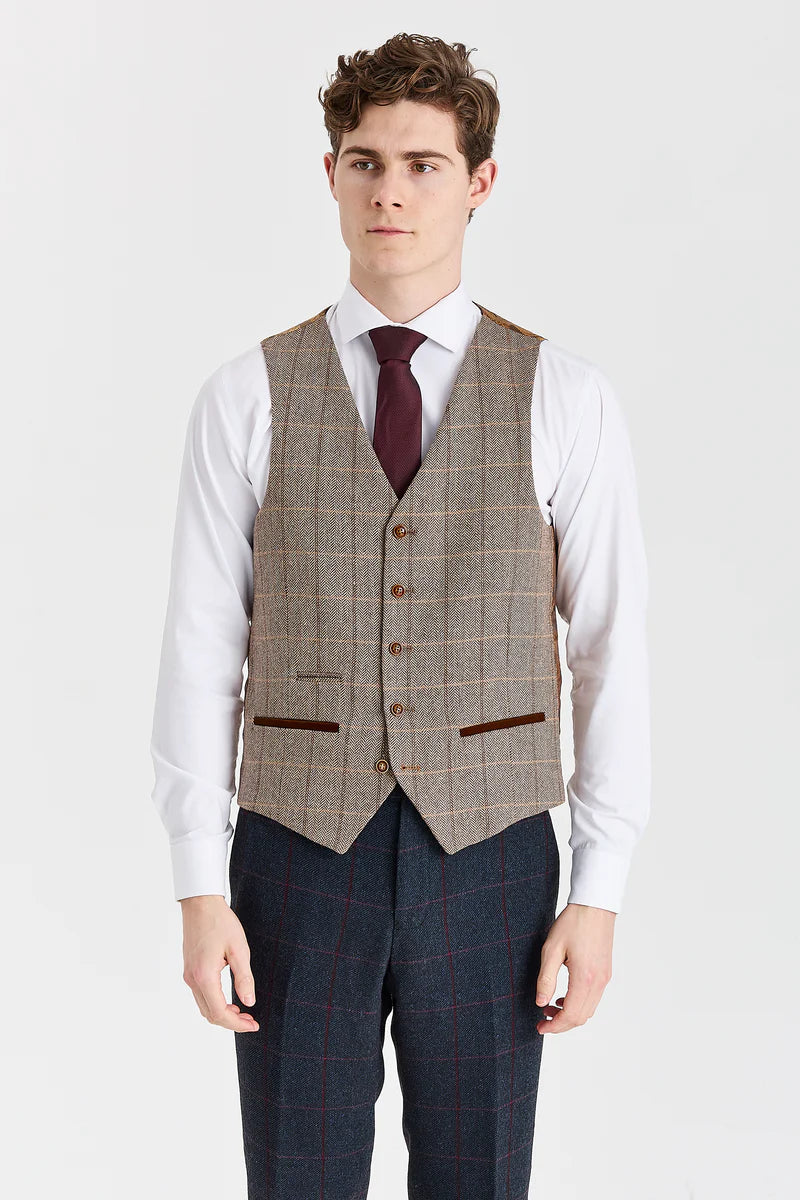 Abito blu navy Madrid con gilet in tweed marrone Harris a contrasto