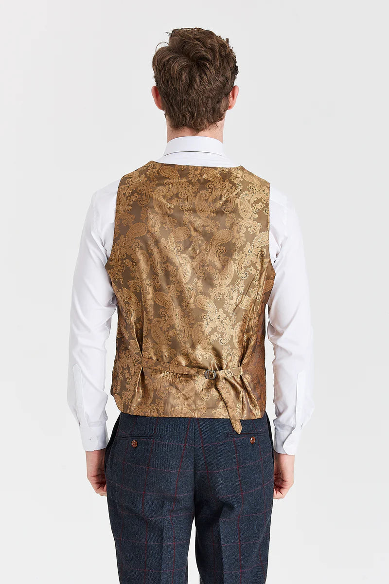 Abito blu navy Madrid con gilet in tweed marrone Harris a contrasto