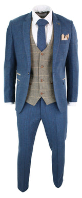 Marc Darcy Dion - Mens Blue Tan Brown 3 Piece Herringbone Tweed Check Vintage Tailored Fit Suit