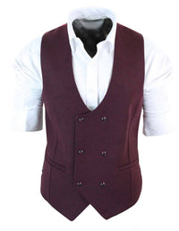 Mens Double Breasted Felt Tweed Vintage Retro Classic Waistcoat Slim Fit Herringbone-Melton DBC Wine