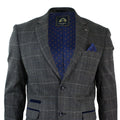 Giacca blazer vintage da uomo in tweed a spina di pesce grigio a quadri con finiture in velluto blu - Grigio