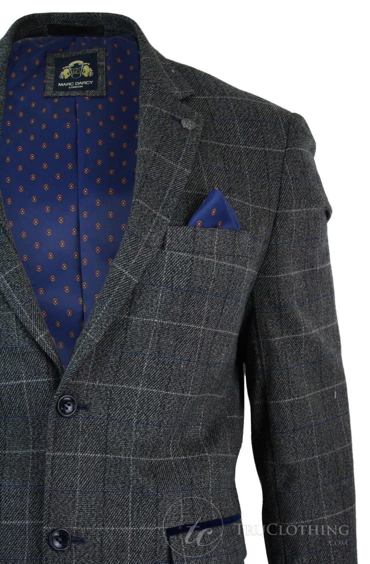 Mens Grey Check Herringbone Tweed Vintage Fit Blazer Jacket Blue Velvet Trim-Grey