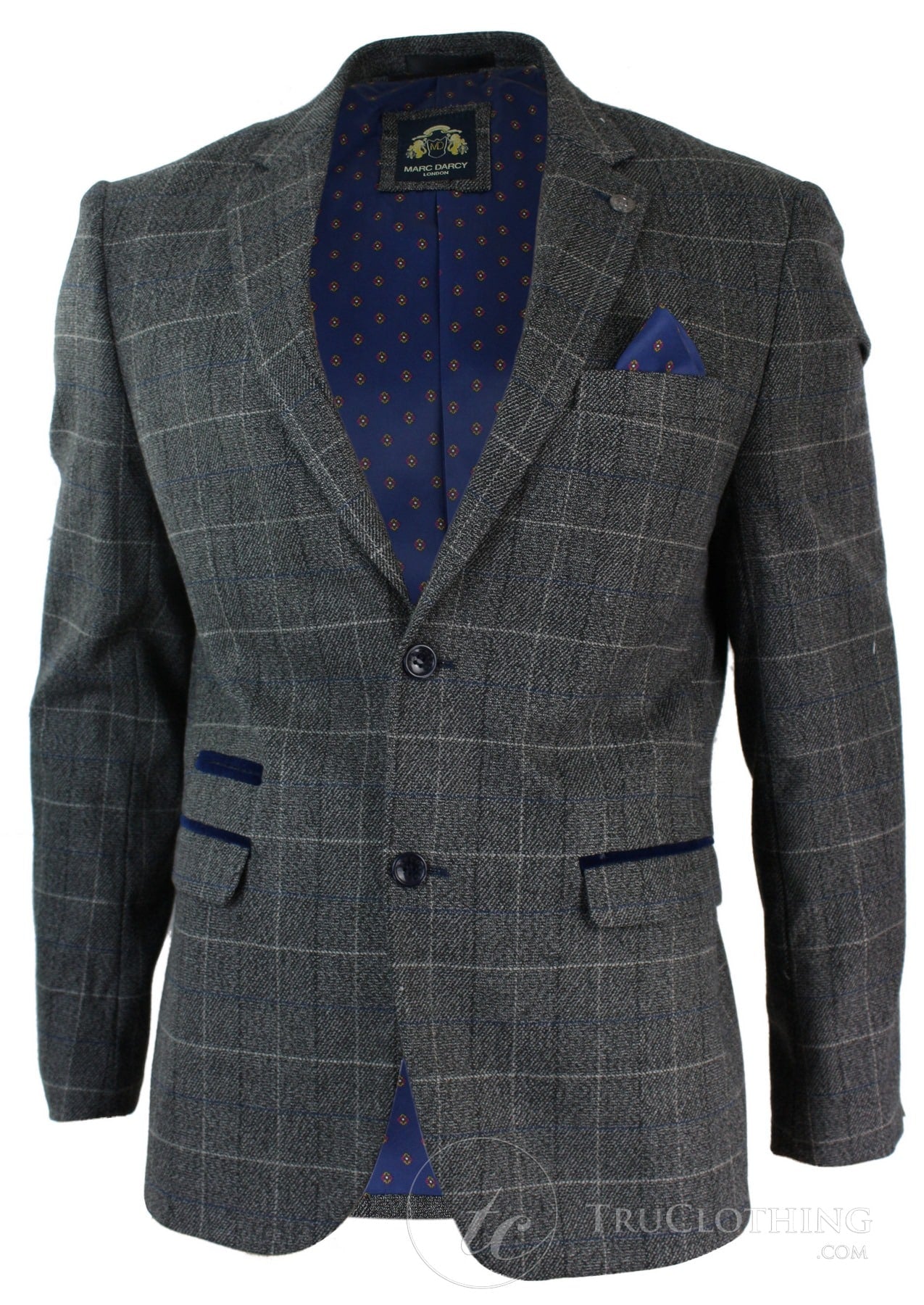 Mens Grey Check Herringbone Tweed Vintage Fit Blazer Jacket Blue Velvet Trim-Grey