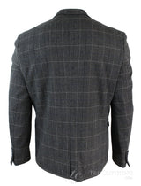 Mens Grey Check Herringbone Tweed Vintage Fit Blazer Jacket Blue Velvet Trim-Grey