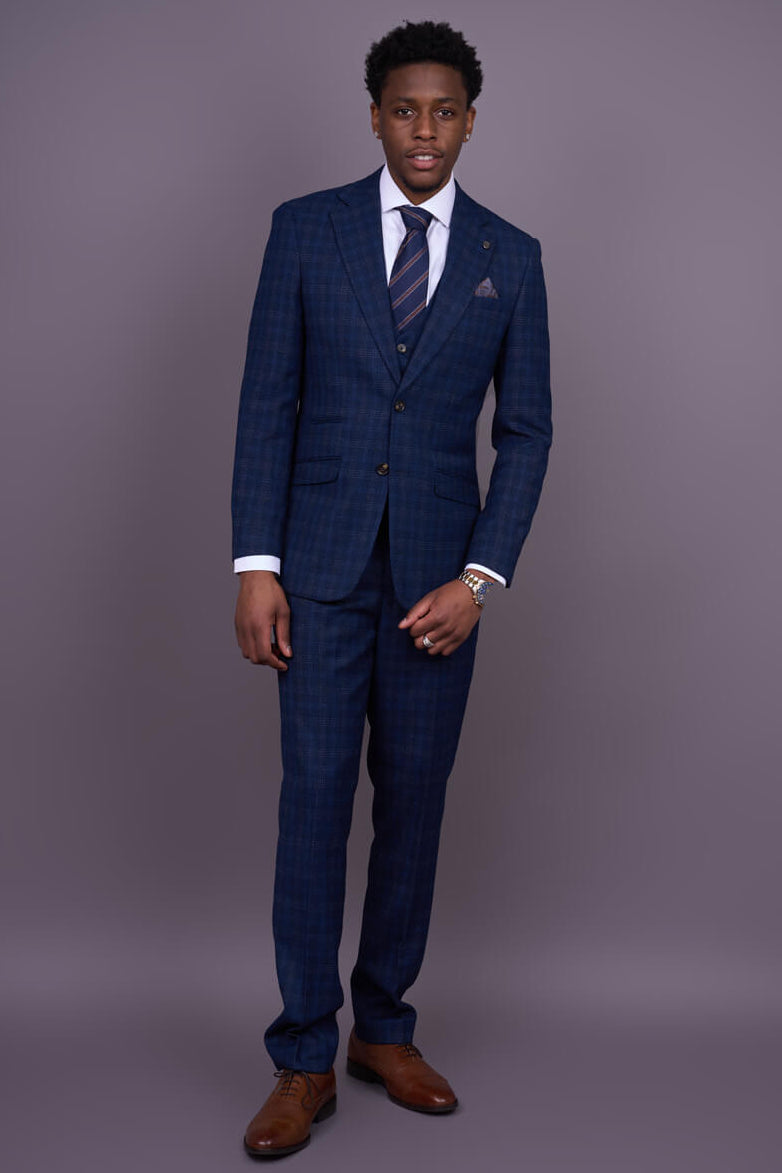 Marcos - Abito da uomo slim fit a 3 pezzi con motivo a quadri blu navy