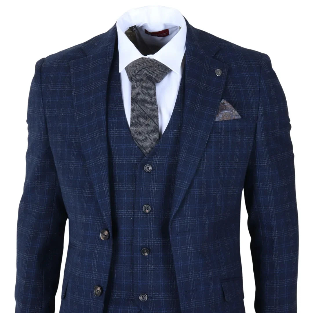 Marcos - Abito da uomo slim fit a 3 pezzi con motivo a quadri blu navy