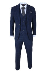 Marcos - Abito da uomo slim fit a 3 pezzi con motivo a quadri blu navy