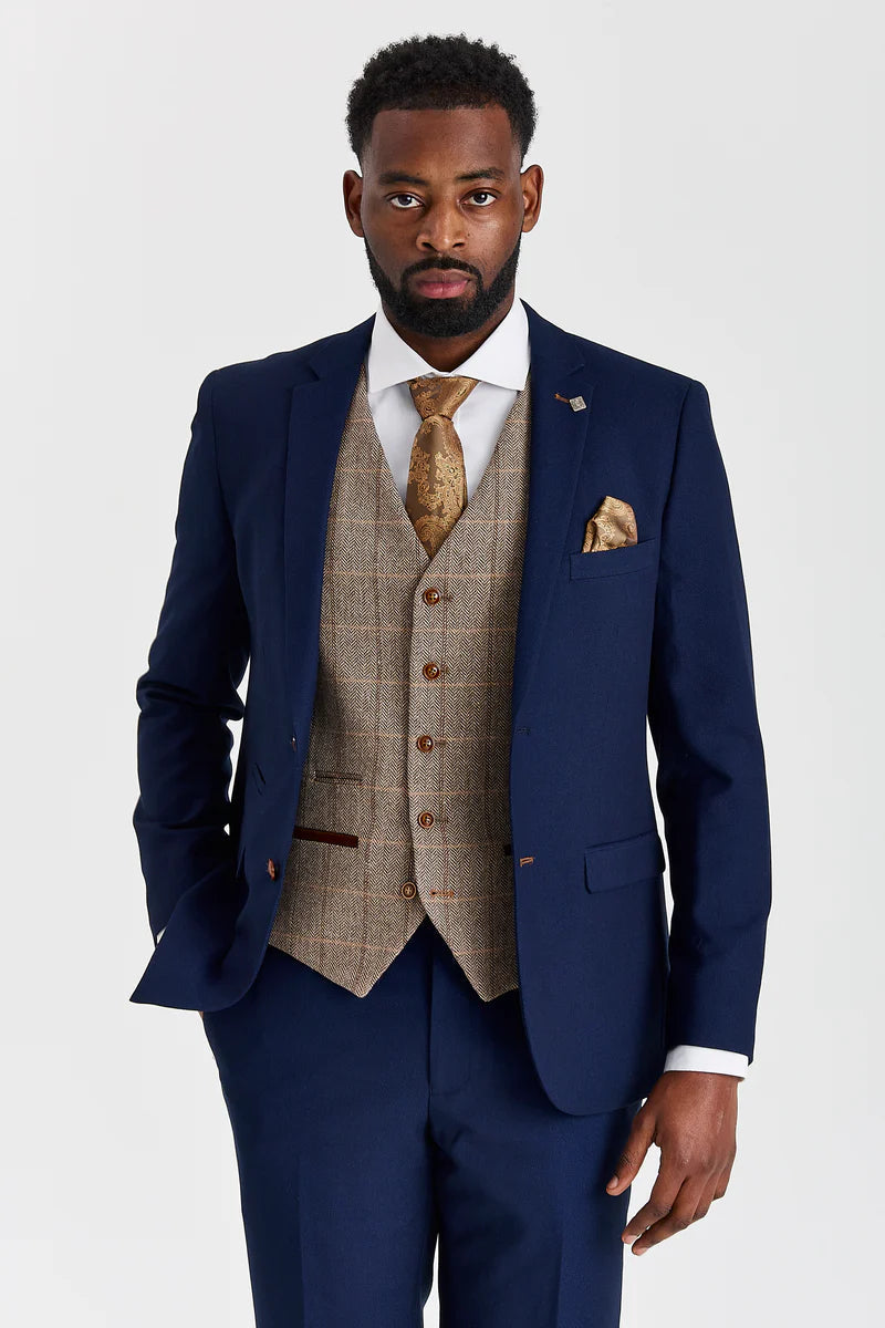 Abito testurizzato Mayfair blu navy con gilet a contrasto in tweed marrone Harris.