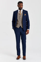 Abito testurizzato Mayfair blu navy con gilet a contrasto in tweed marrone Harris.