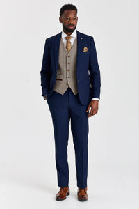 Abito testurizzato Mayfair blu navy con gilet a contrasto in tweed marrone Harris.