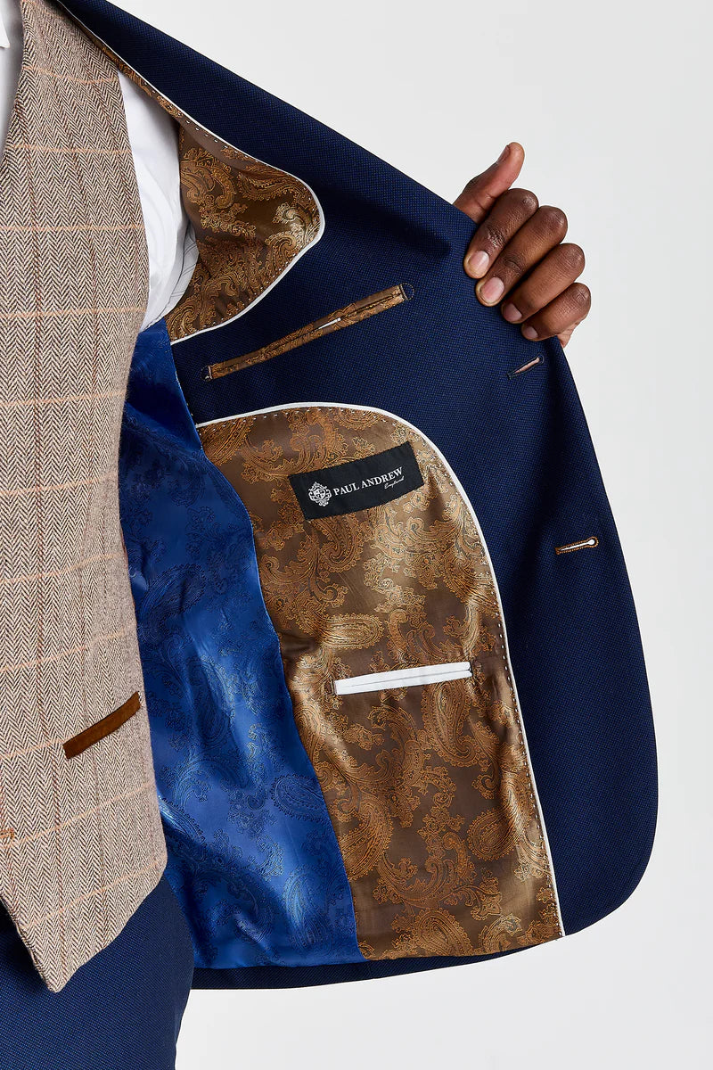 Abito testurizzato Mayfair blu navy con gilet a contrasto in tweed marrone Harris.