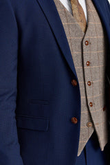 Abito testurizzato Mayfair blu navy con gilet a contrasto in tweed marrone Harris.