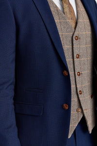 Abito testurizzato Mayfair blu navy con gilet a contrasto in tweed marrone Harris.