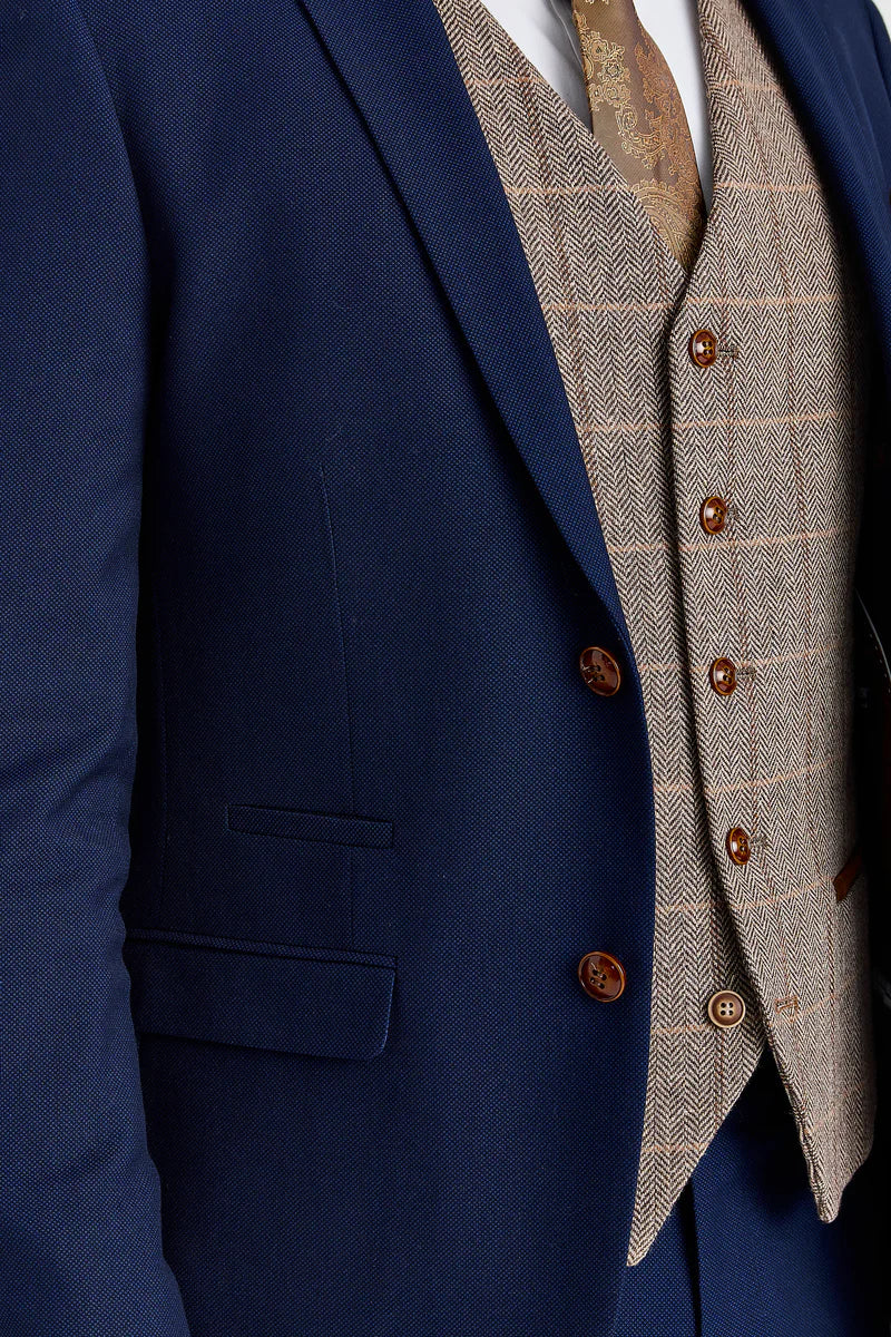 Abito testurizzato Mayfair blu navy con gilet a contrasto in tweed marrone Harris.