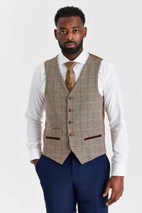 Abito testurizzato Mayfair blu navy con gilet a contrasto in tweed marrone Harris.