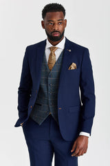 Abito testurizzato Mayfair blu navy con gilet in tweed Harris blu navy a contrasto