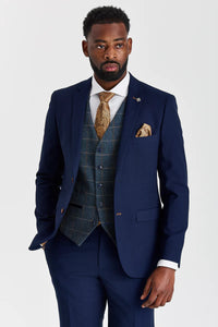 Abito testurizzato Mayfair blu navy con gilet in tweed Harris blu navy a contrasto