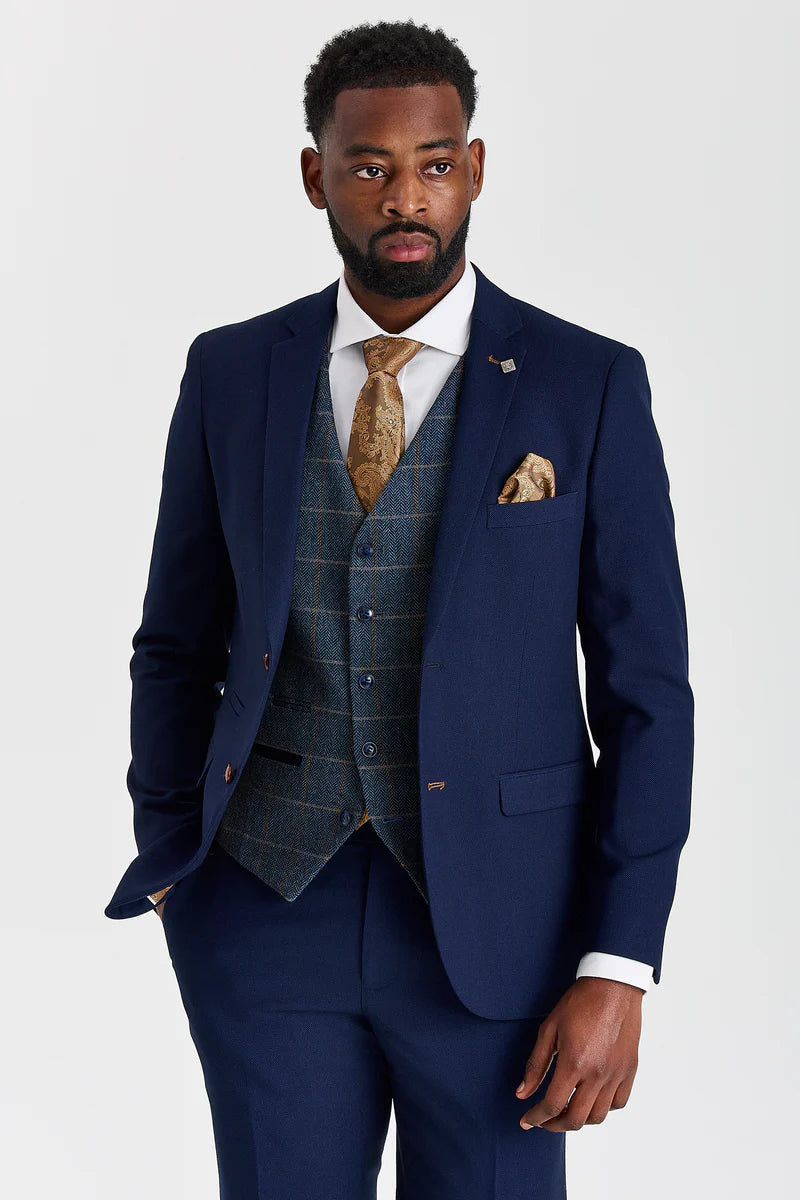 Abito testurizzato Mayfair blu navy con gilet in tweed Harris blu navy a contrasto