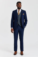 Abito testurizzato Mayfair blu navy con gilet in tweed Harris blu navy a contrasto