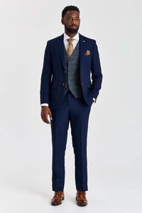 Abito testurizzato Mayfair blu navy con gilet in tweed Harris blu navy a contrasto