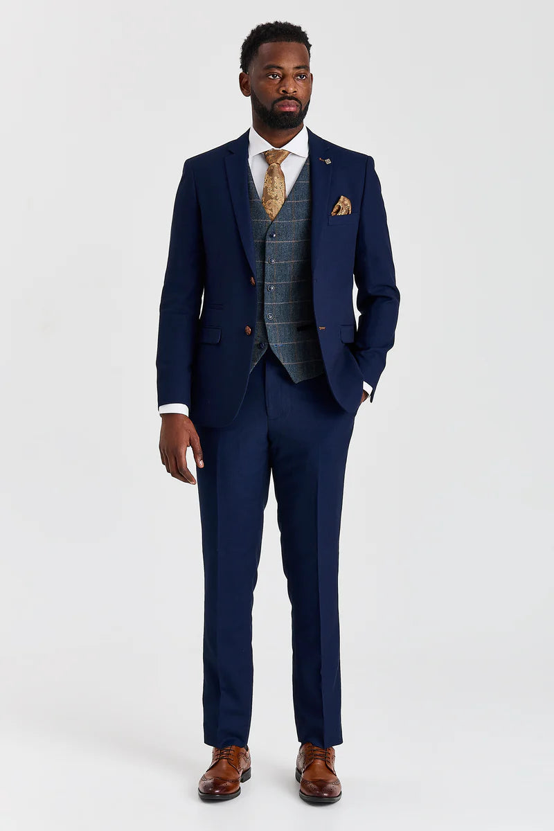 Abito testurizzato Mayfair blu navy con gilet in tweed Harris blu navy a contrasto