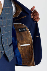 Abito testurizzato Mayfair blu navy con gilet in tweed Harris blu navy a contrasto