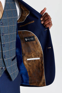 Abito testurizzato Mayfair blu navy con gilet in tweed Harris blu navy a contrasto