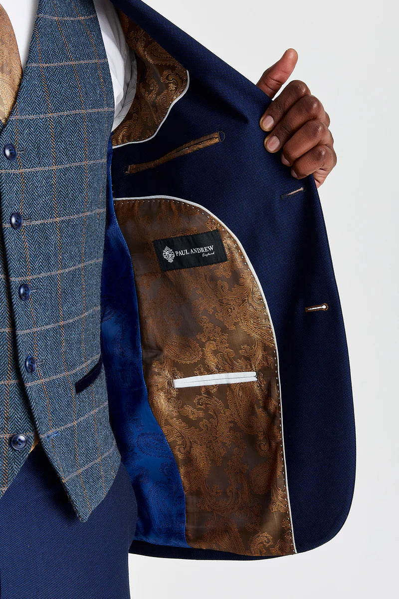 Abito testurizzato Mayfair blu navy con gilet in tweed Harris blu navy a contrasto
