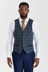 Abito testurizzato Mayfair blu navy con gilet in tweed Harris blu navy a contrasto