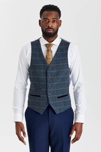 Abito testurizzato Mayfair blu navy con gilet in tweed Harris blu navy a contrasto