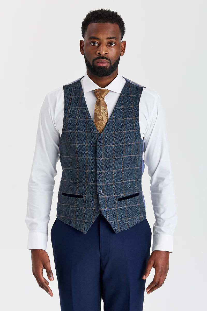 Abito testurizzato Mayfair blu navy con gilet in tweed Harris blu navy a contrasto