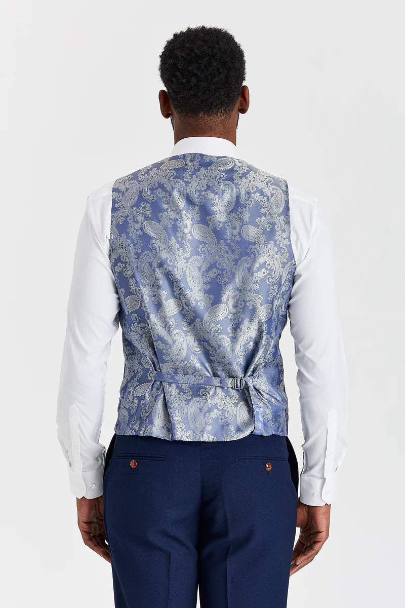 Abito testurizzato Mayfair blu navy con gilet in tweed Harris blu navy a contrasto