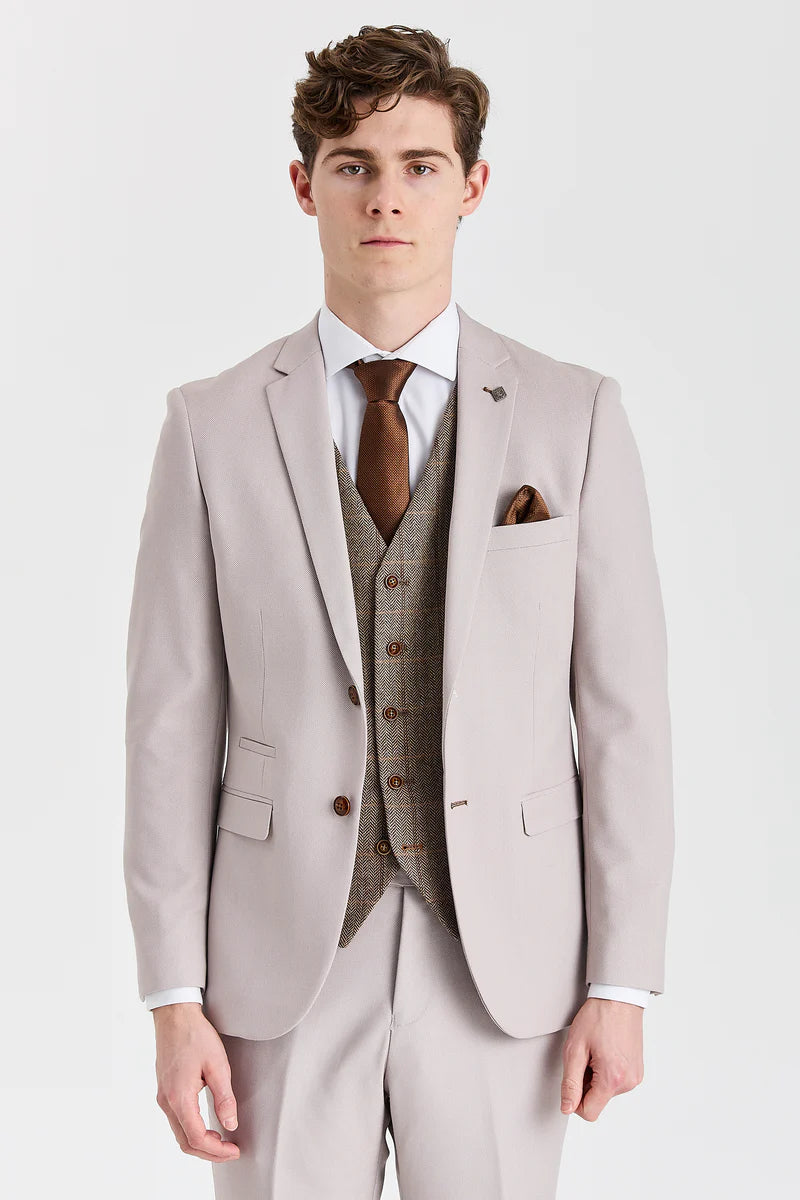 Completo Mayfair con texture effetto pietra e gilet in tweed Harris Brown.