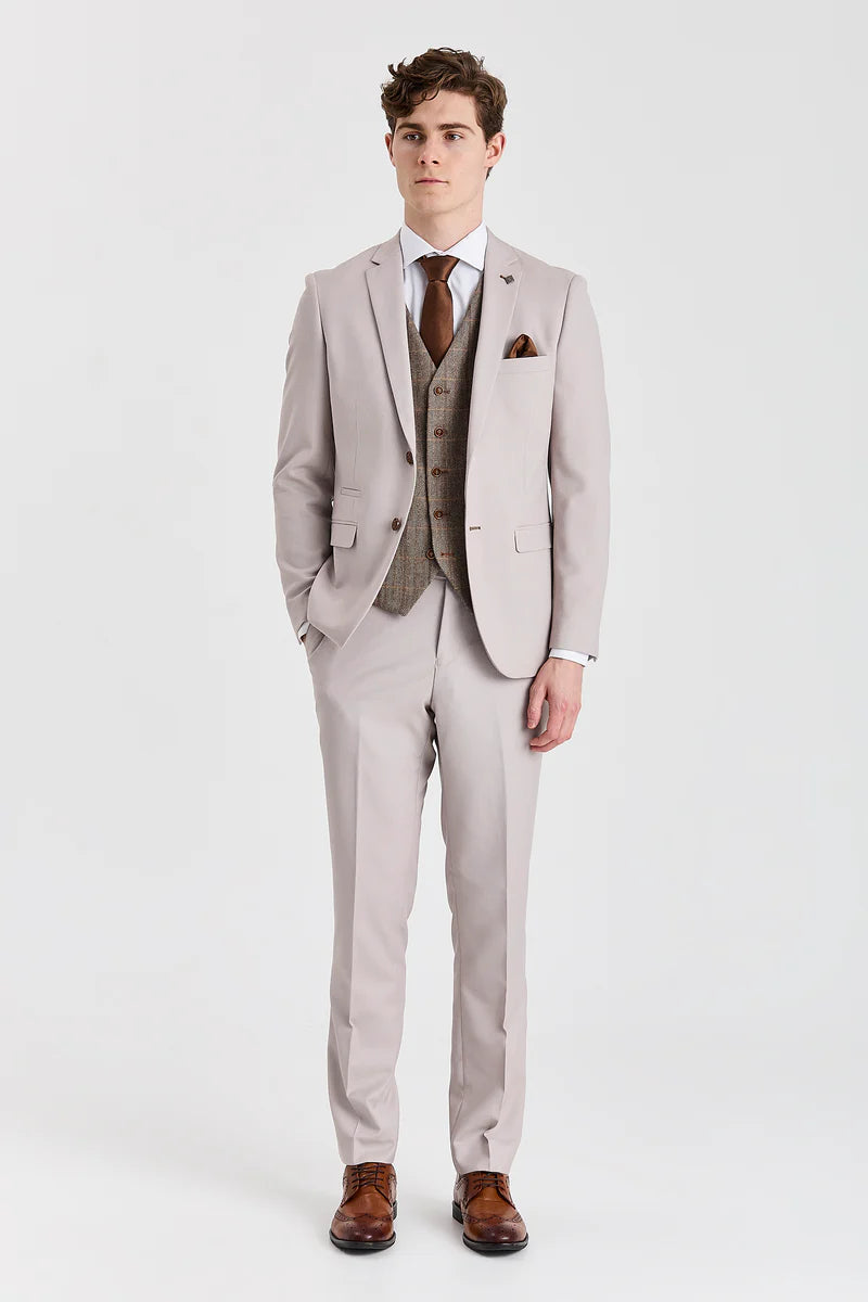 Completo Mayfair con texture effetto pietra e gilet in tweed Harris Brown.