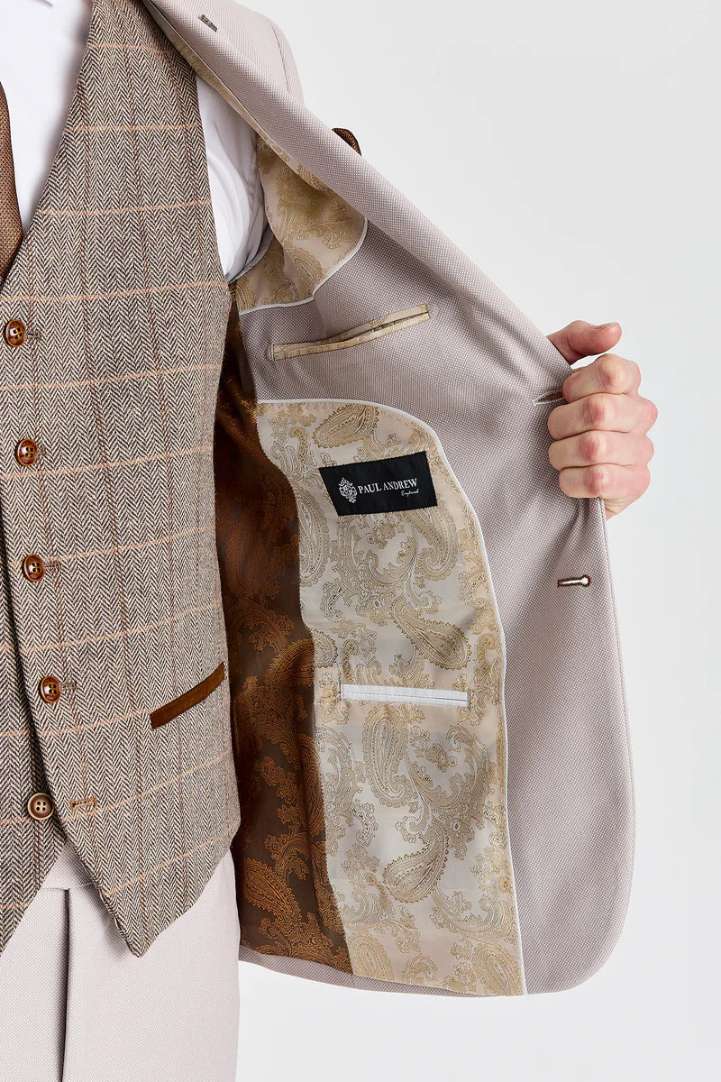 Completo Mayfair con texture effetto pietra e gilet in tweed Harris Brown.
