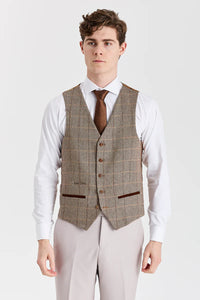 Completo Mayfair con texture effetto pietra e gilet in tweed Harris Brown.