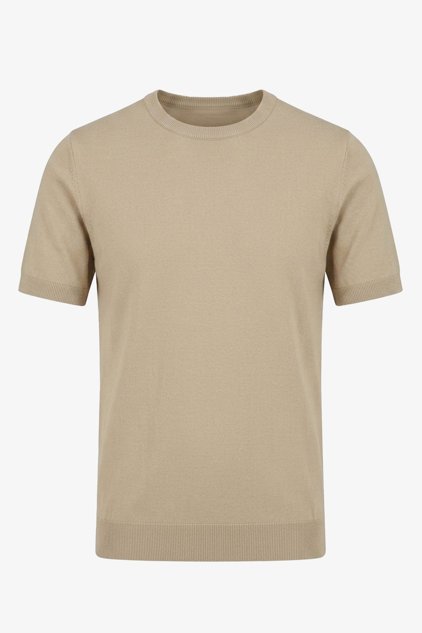 T-shirt da uomo beige in maglia, vestibilità regolare, girocollo, maniche corte