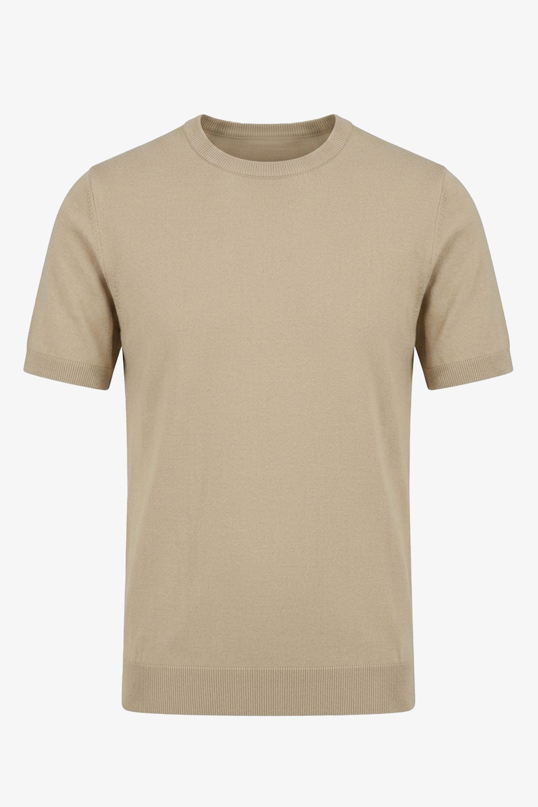 T-shirt da uomo beige in maglia, vestibilità regolare, girocollo, maniche corte