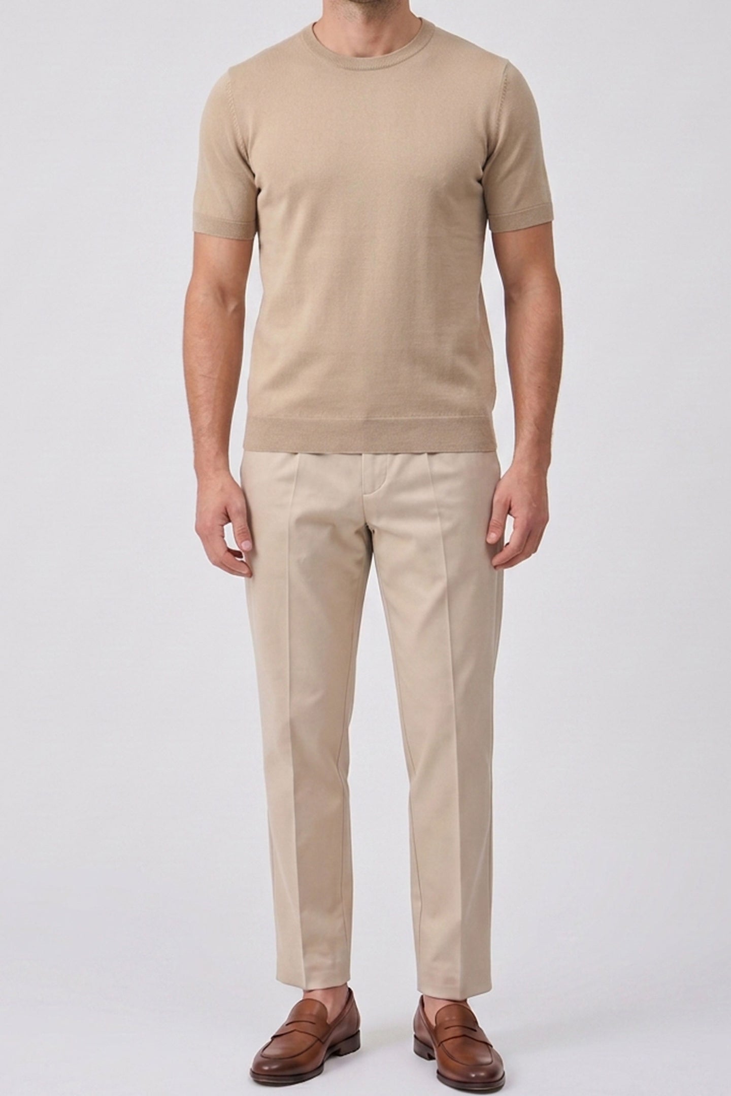 T-shirt da uomo beige in maglia, vestibilità regolare, girocollo, maniche corte