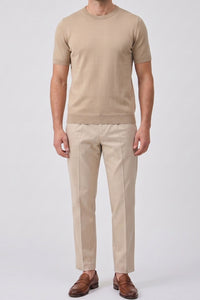 T-shirt da uomo beige in maglia, vestibilità regolare, girocollo, maniche corte