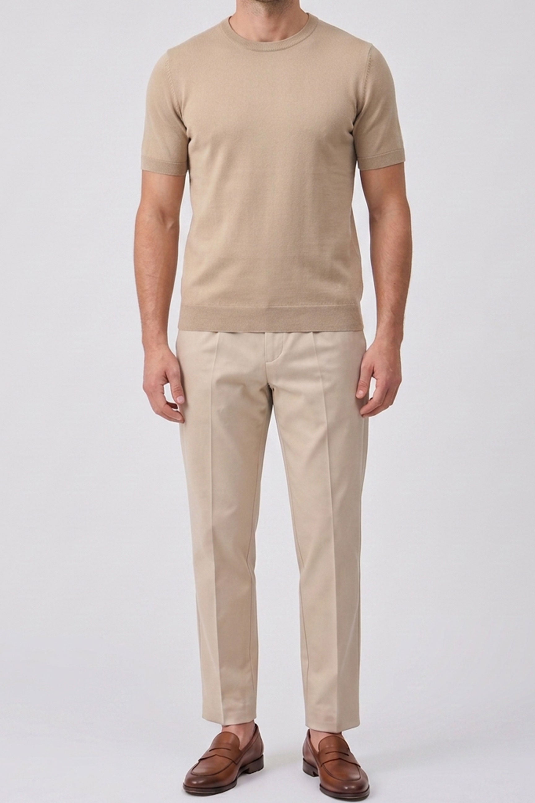 T-shirt da uomo beige in maglia, vestibilità regolare, girocollo, maniche corte