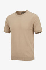 T-shirt da uomo beige in maglia, vestibilità regolare, girocollo, maniche corte
