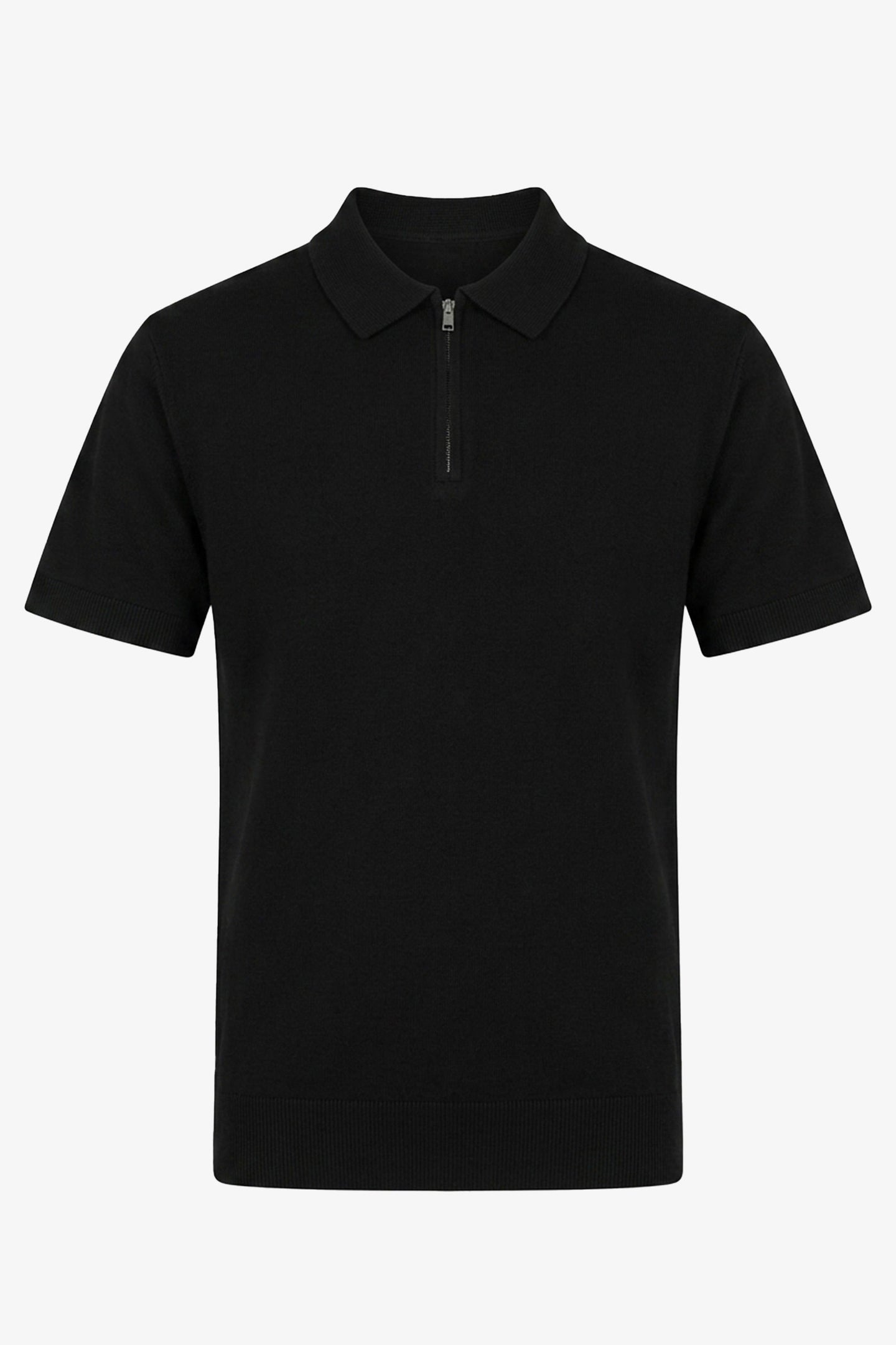 Polo da uomo nera in maglia, con scollo a zip, maniche corte, tessuto morbido.