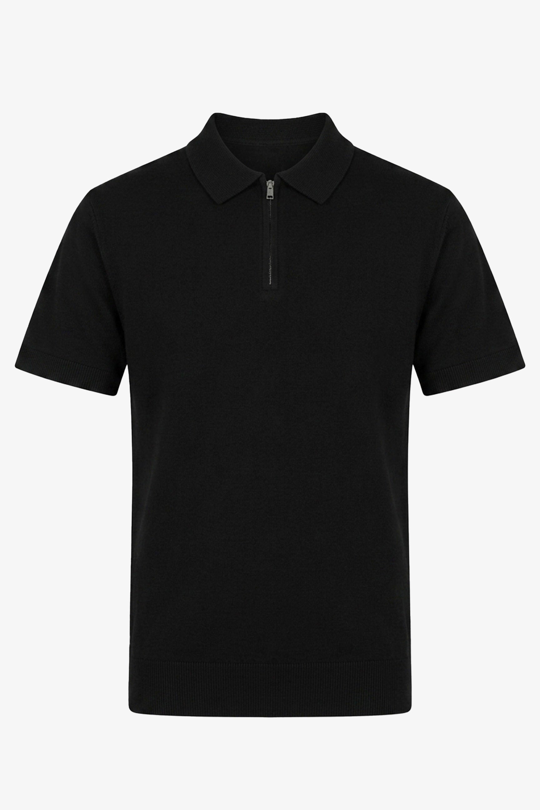 Polo da uomo nera in maglia, con scollo a zip, maniche corte, tessuto morbido.