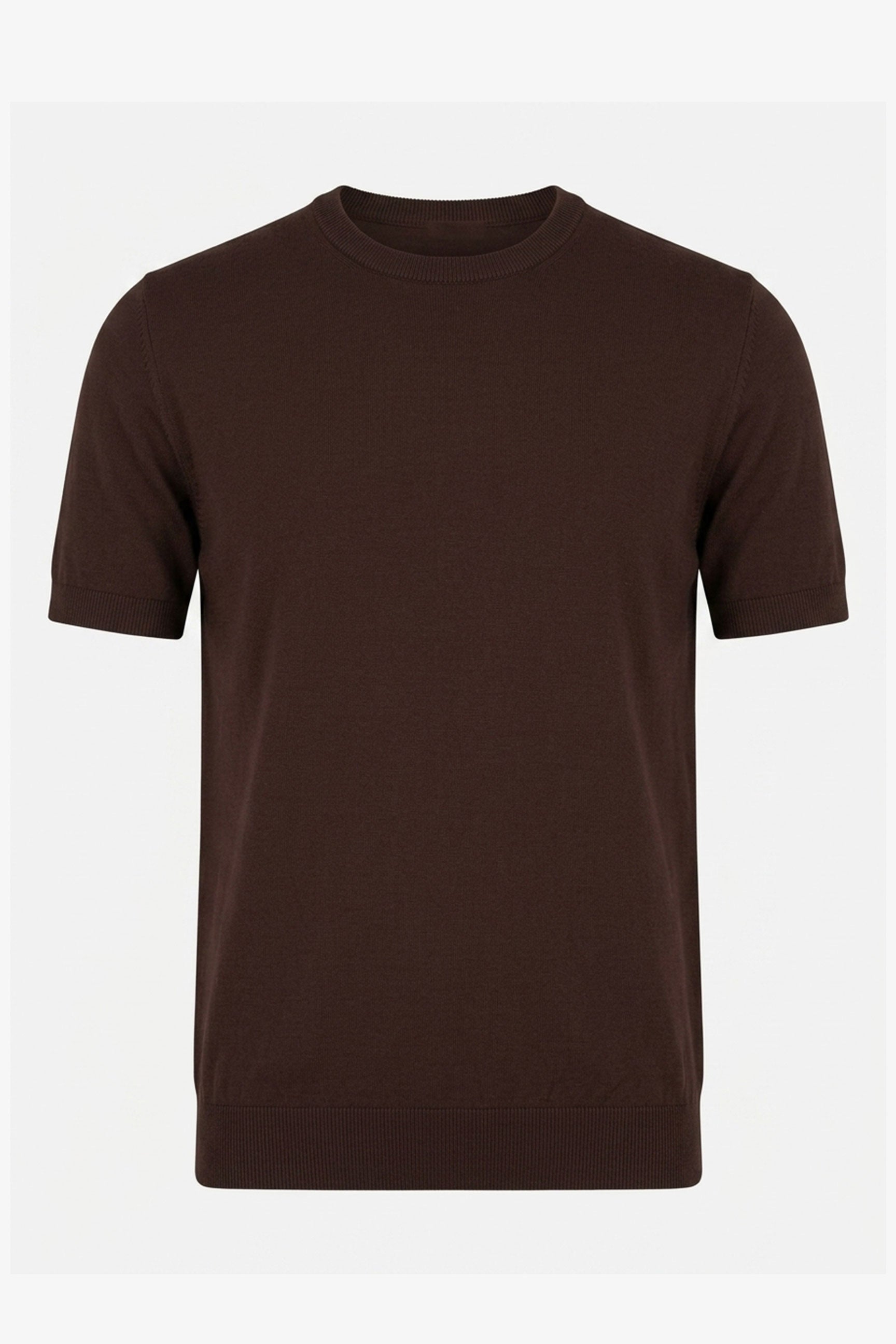 T-shirt da uomo marrone in maglia, vestibilità regolare, girocollo, maniche corte