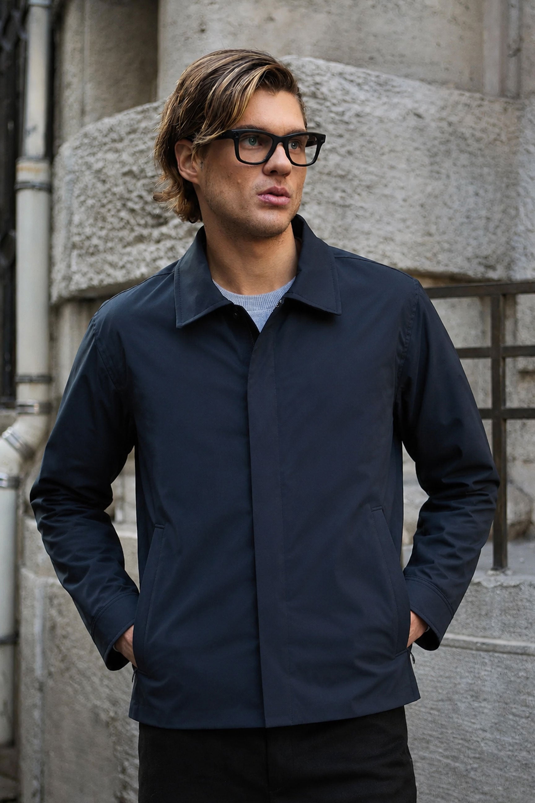 Giacca Harrington da uomo blu navy impermeabile con colletto