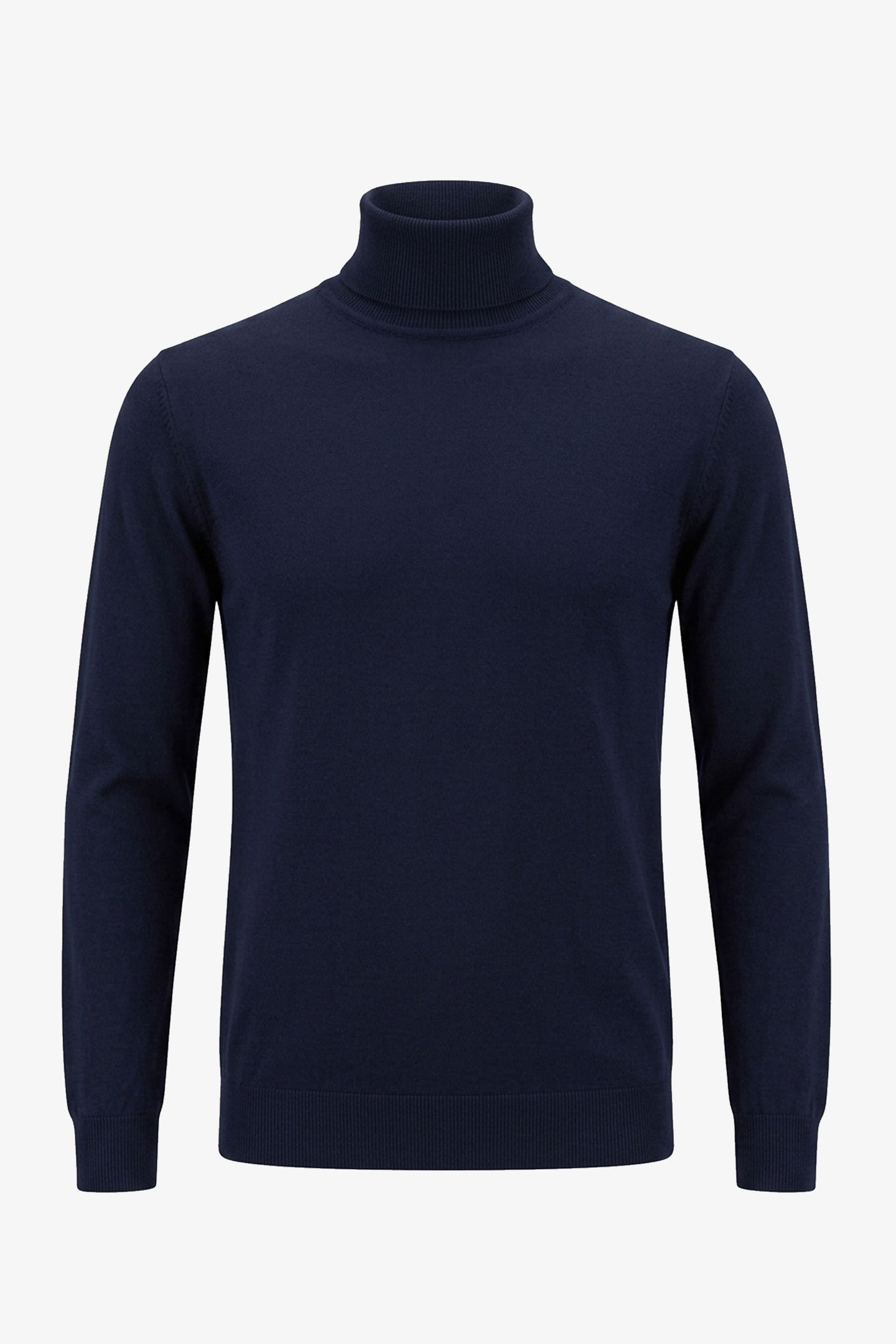 Maglione da uomo a collo alto blu navy, in morbido misto viscosa, a maniche lunghe.